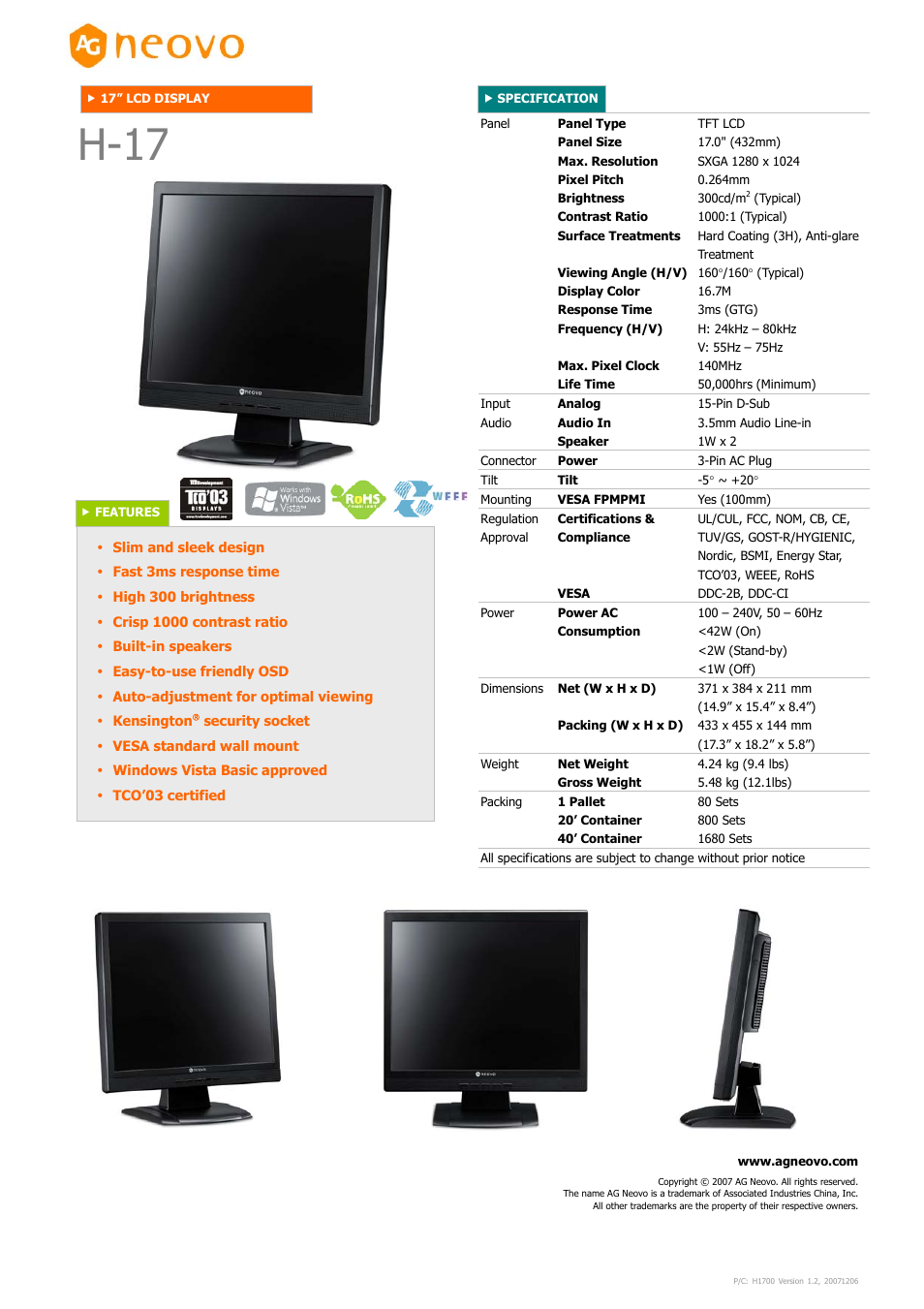 AG Neovo H-17 User Manual | 1 page