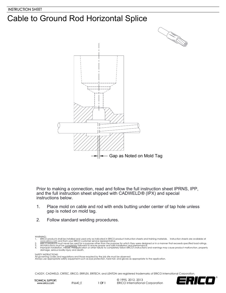 ERICO IP6640 Cable to Ground Rod Horizontal Splice User Manual | 1 page