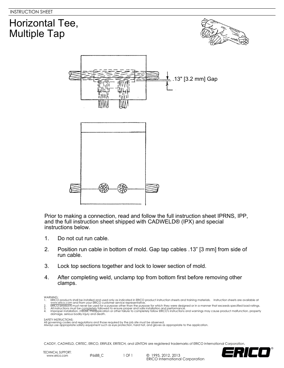 ERICO IP6688 Horizontal Tee, Multiple Tap User Manual | 1 page