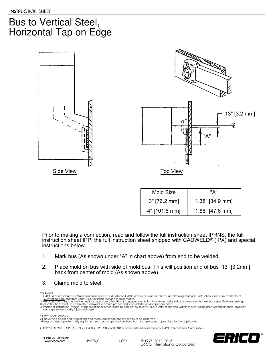 ERICO IP6778 Bus to Vertical Steel, Horizontal Tap on Edge User Manual | 1 page