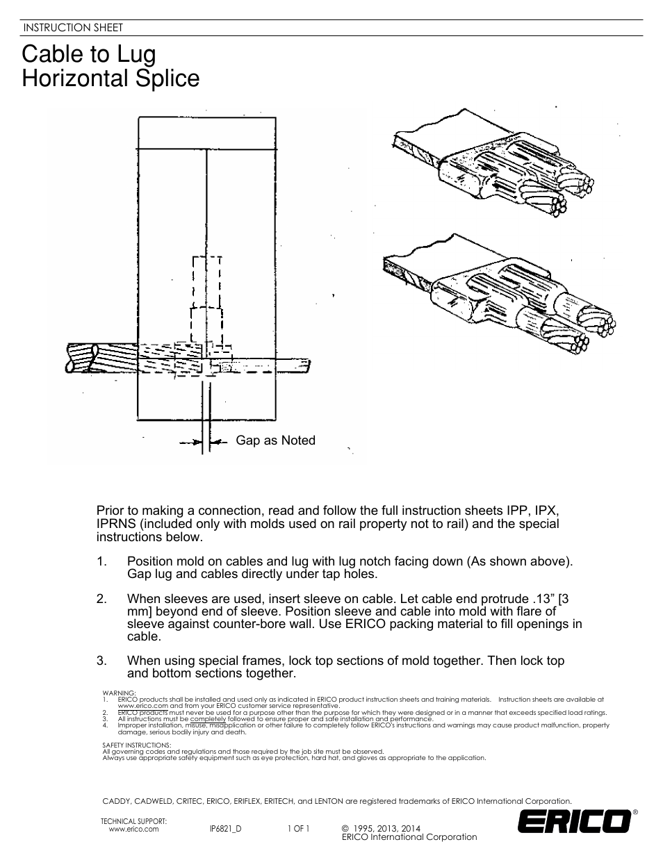 ERICO IP6821 Cable to Lug Horizontal Splice User Manual | 1 page