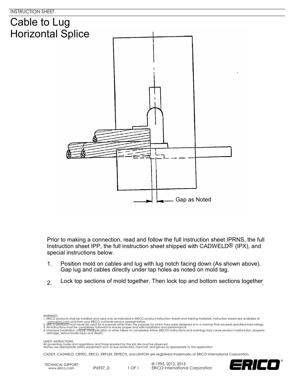 ERICO IP6937 Cable to Lug Horizontal Splice User Manual | 1 page