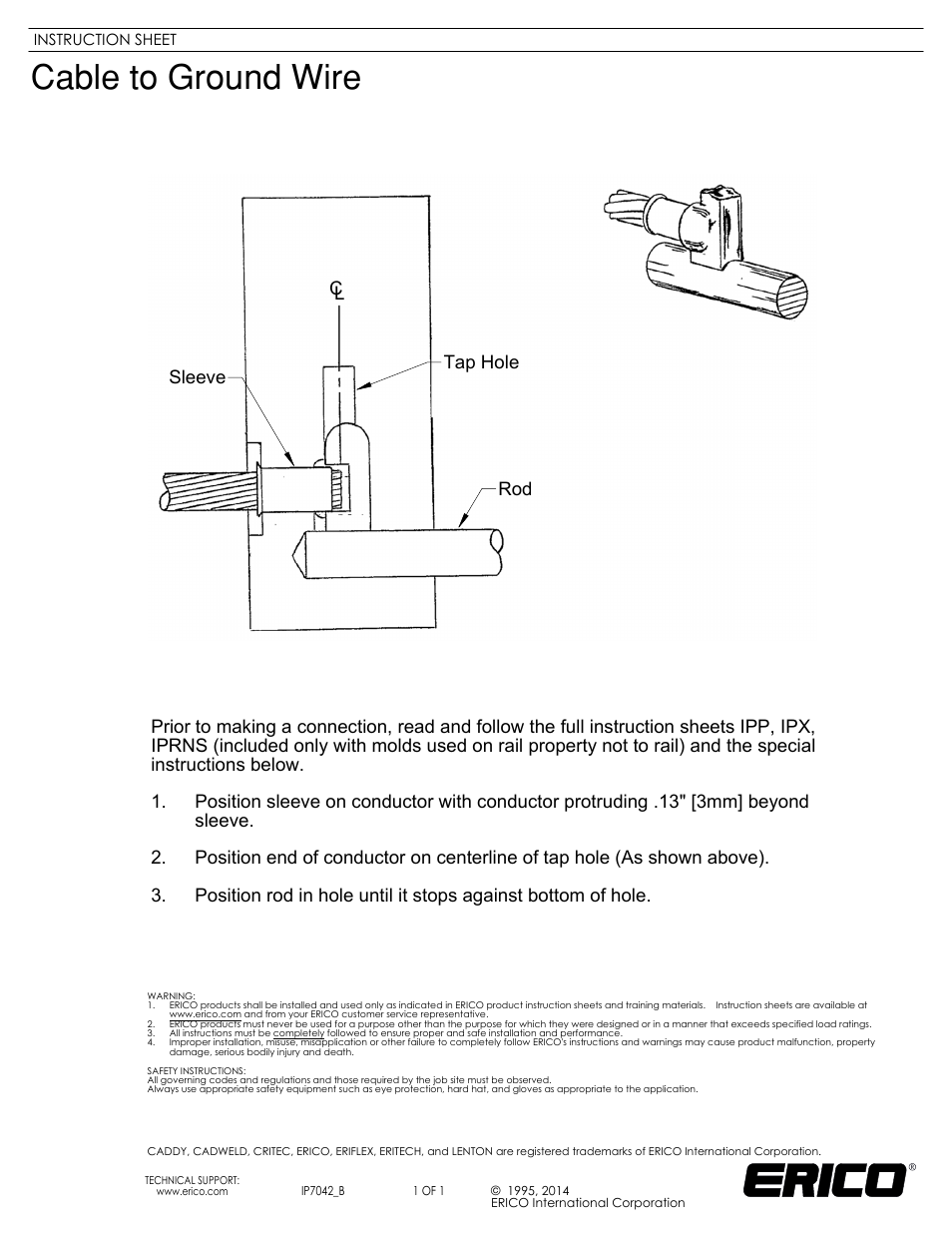 ERICO IP7042 Cable to Ground Wire User Manual | 1 page
