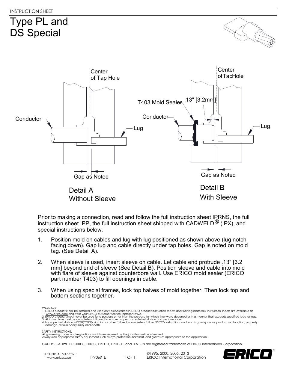 ERICO IP7069 Type PL and DS Specia User Manual | 1 page