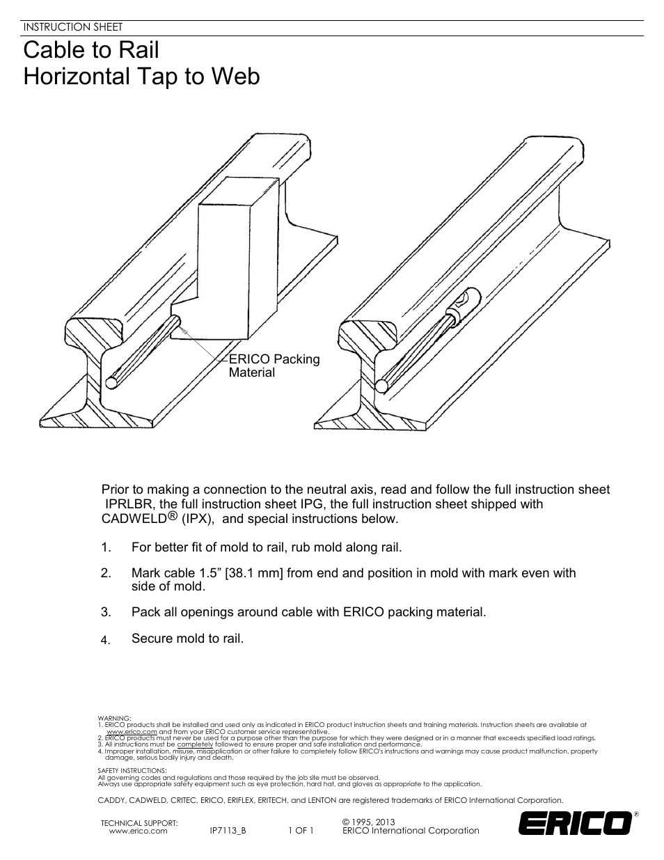 ERICO IP7113 Cable to Rail Horizontal Tap to Web User Manual | 1 page
