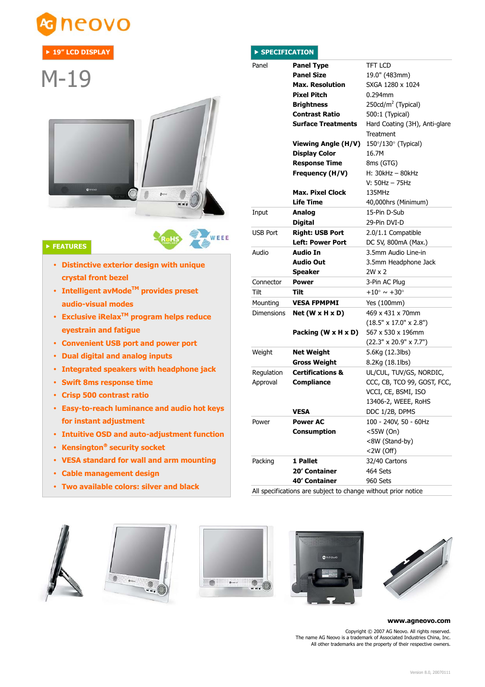 AG Neovo Neovo M-19 User Manual | 1 page