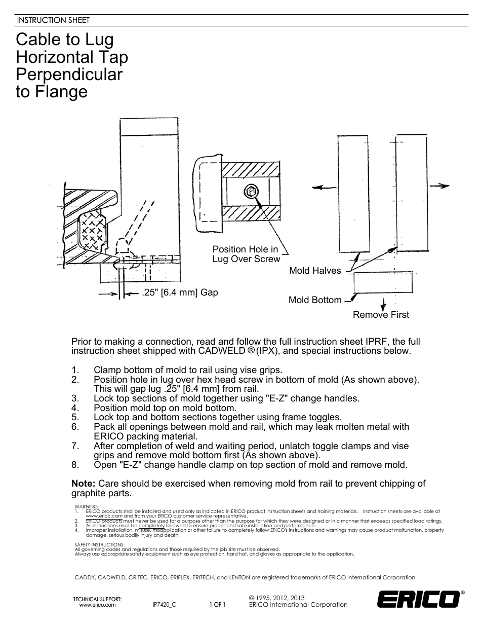 ERICO IP7420 Cable to Lug Horizontal Tap Perpendicular to Flange User Manual | 1 page