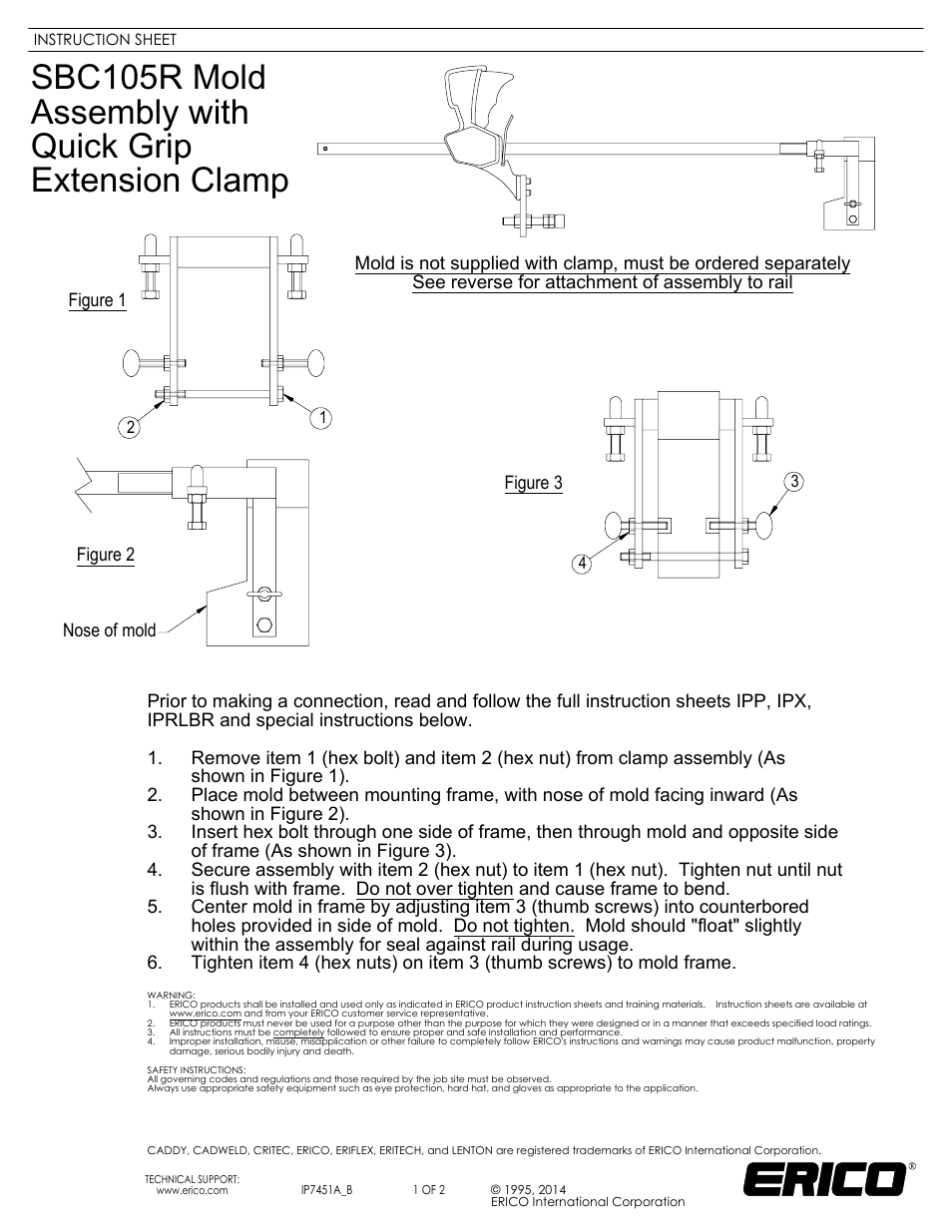 ERICO IP7451A SBC105R Mold Assembly with Quick Grip Extension Clamp User Manual | 2 pages