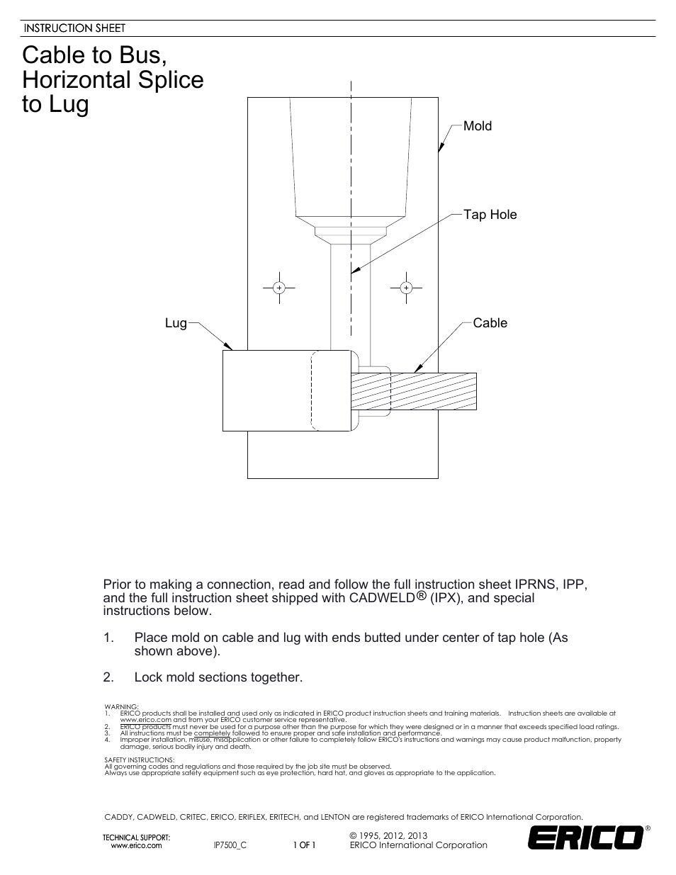 ERICO IP7500 Cable to Bus, Horizontal Splice to Lug User Manual | 1 page