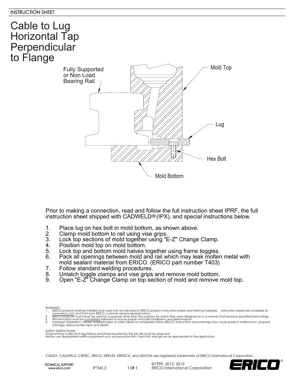 ERICO IP7545 Cable to Lug Horizontal Tap Perpendicular to Flange User Manual | 1 page