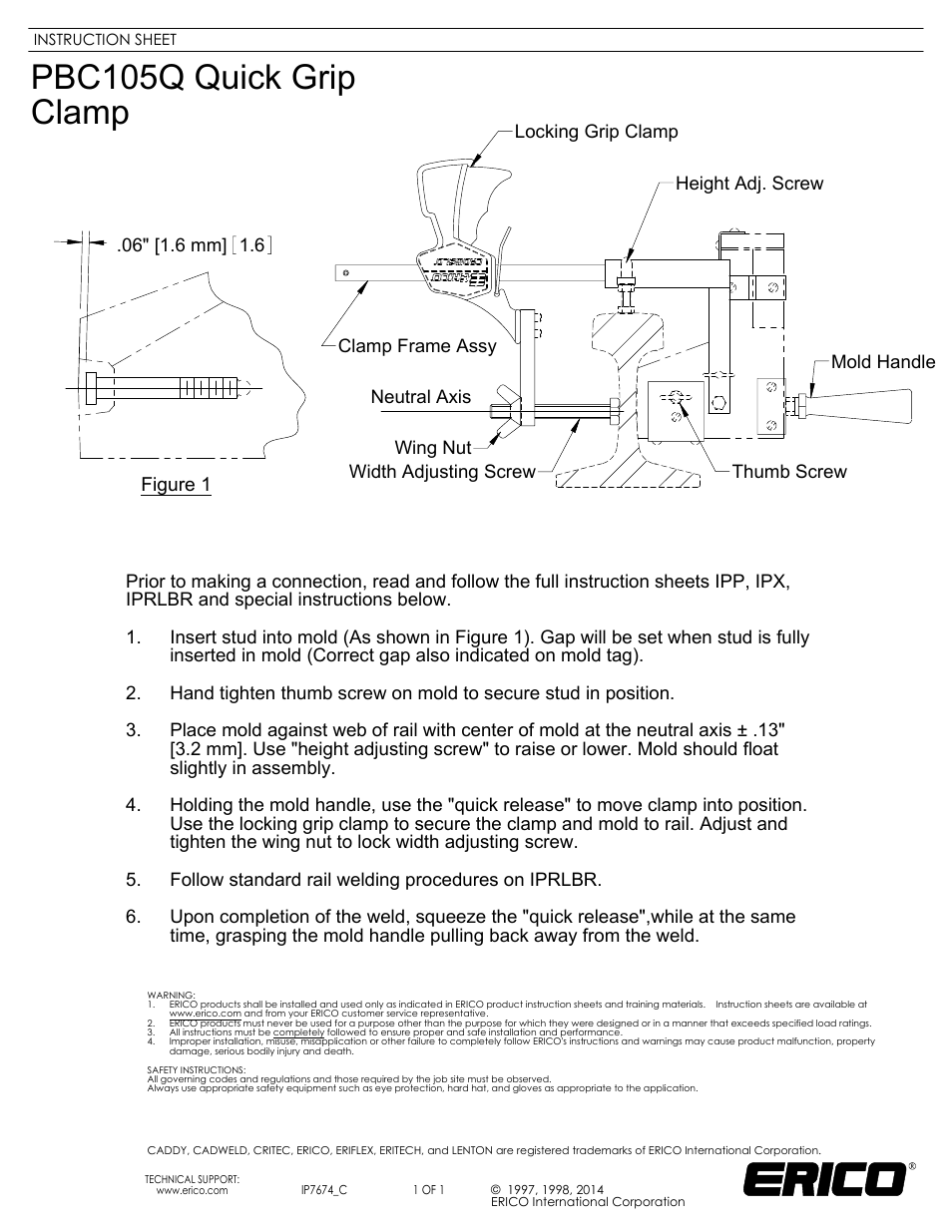 ERICO IP7674 PBC105Q Quick Grip Clamp User Manual | 1 page