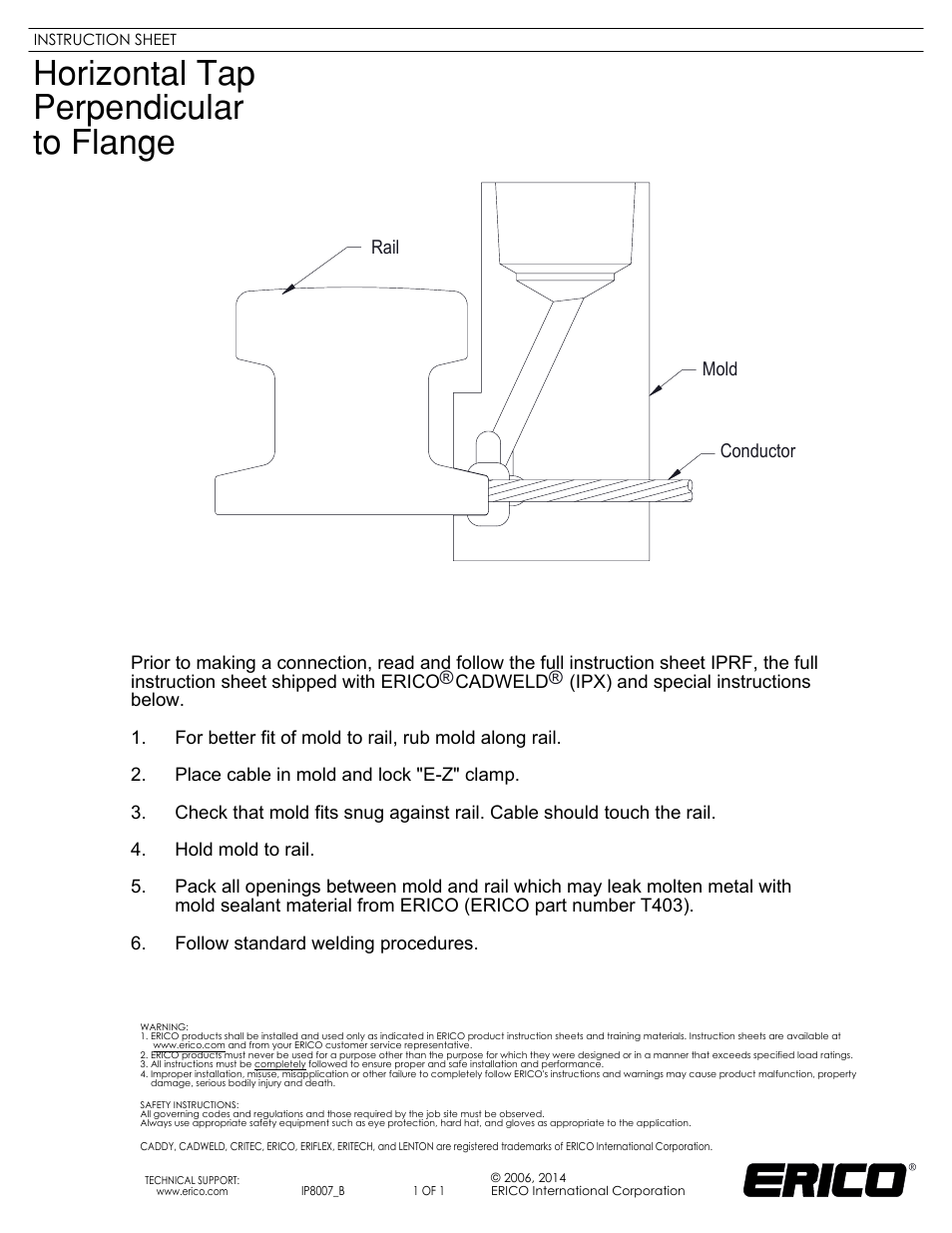 ERICO IP8007 Horizontal Tap Perpendicular to Flange User Manual | 1 page