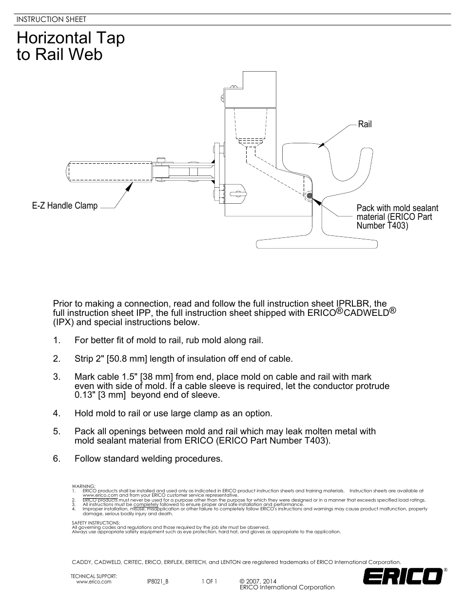 ERICO IP8021 Horizontal Tap to Rail Web User Manual | 1 page