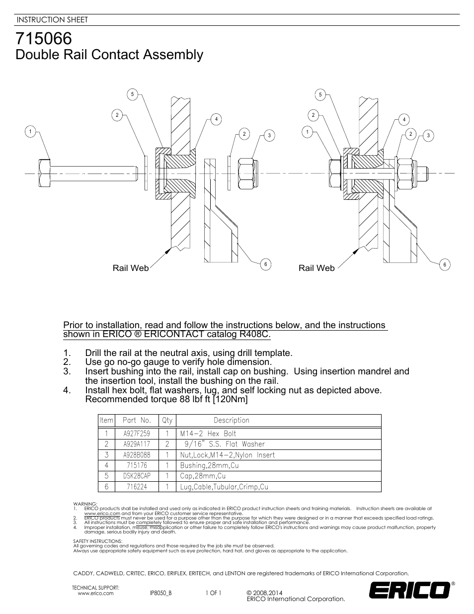 ERICO IP8050 715066 Double Rail Contact Assembly User Manual | 1 page