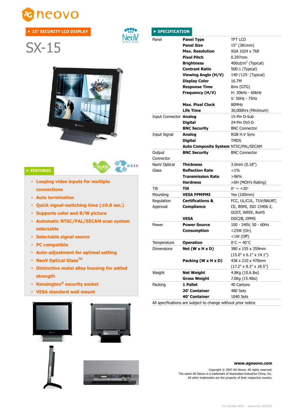 AG Neovo 15" Security LCD Display SX-15 User Manual | 1 page