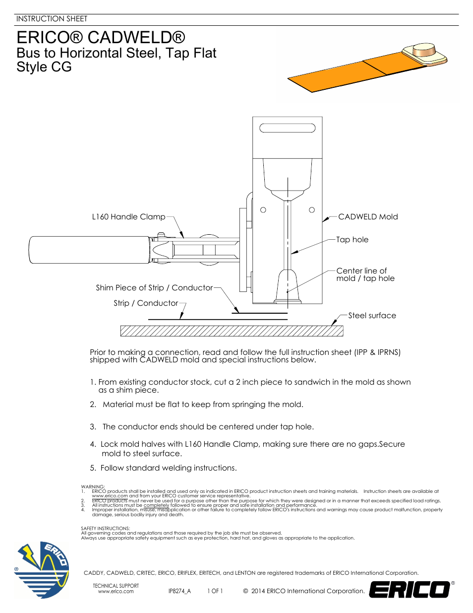 ERICO IP8274 ERICO CADWELD Bus to Horizontal Steel, Tap Flat Style CG User Manual | 1 page