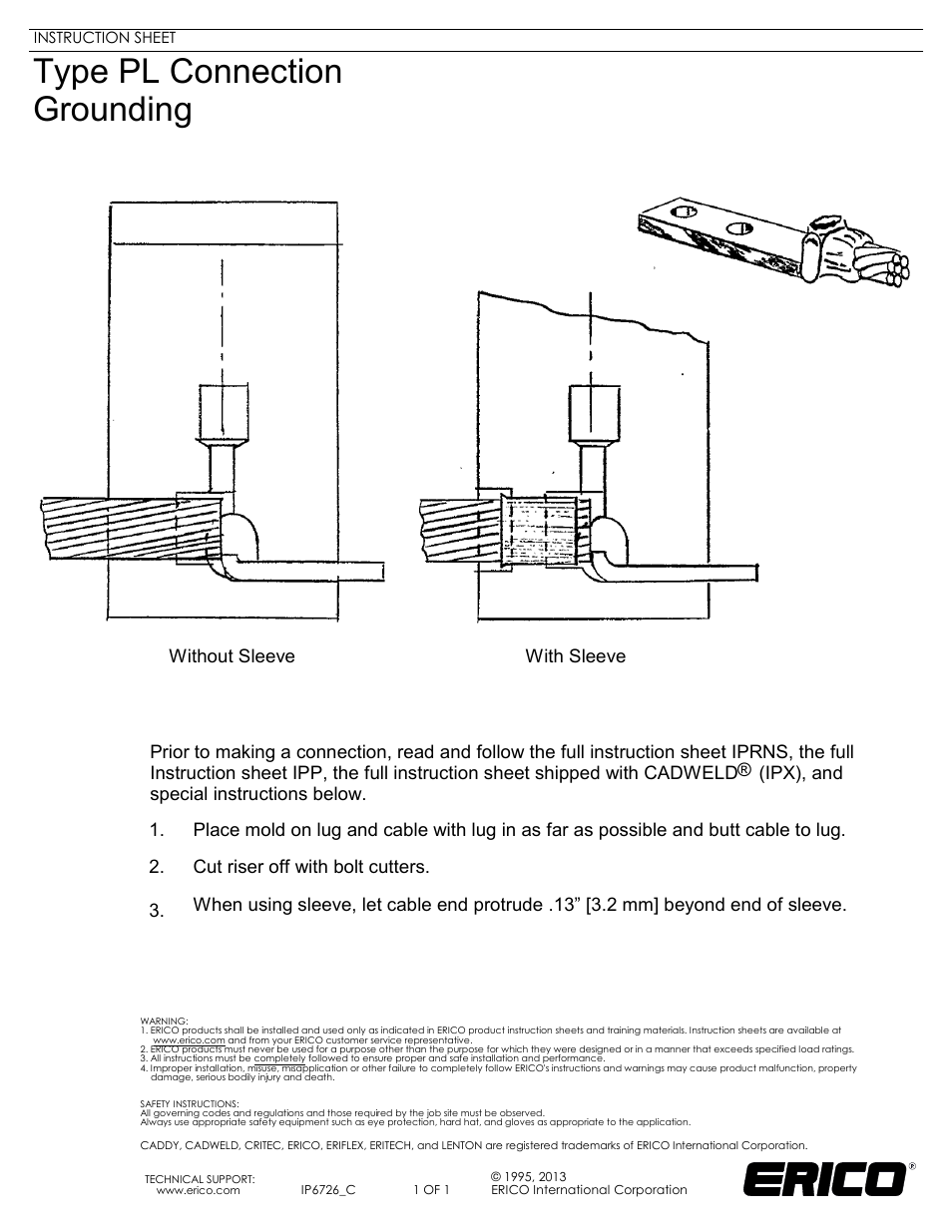 ERICO Type PL Connection Grounding User Manual | 1 page