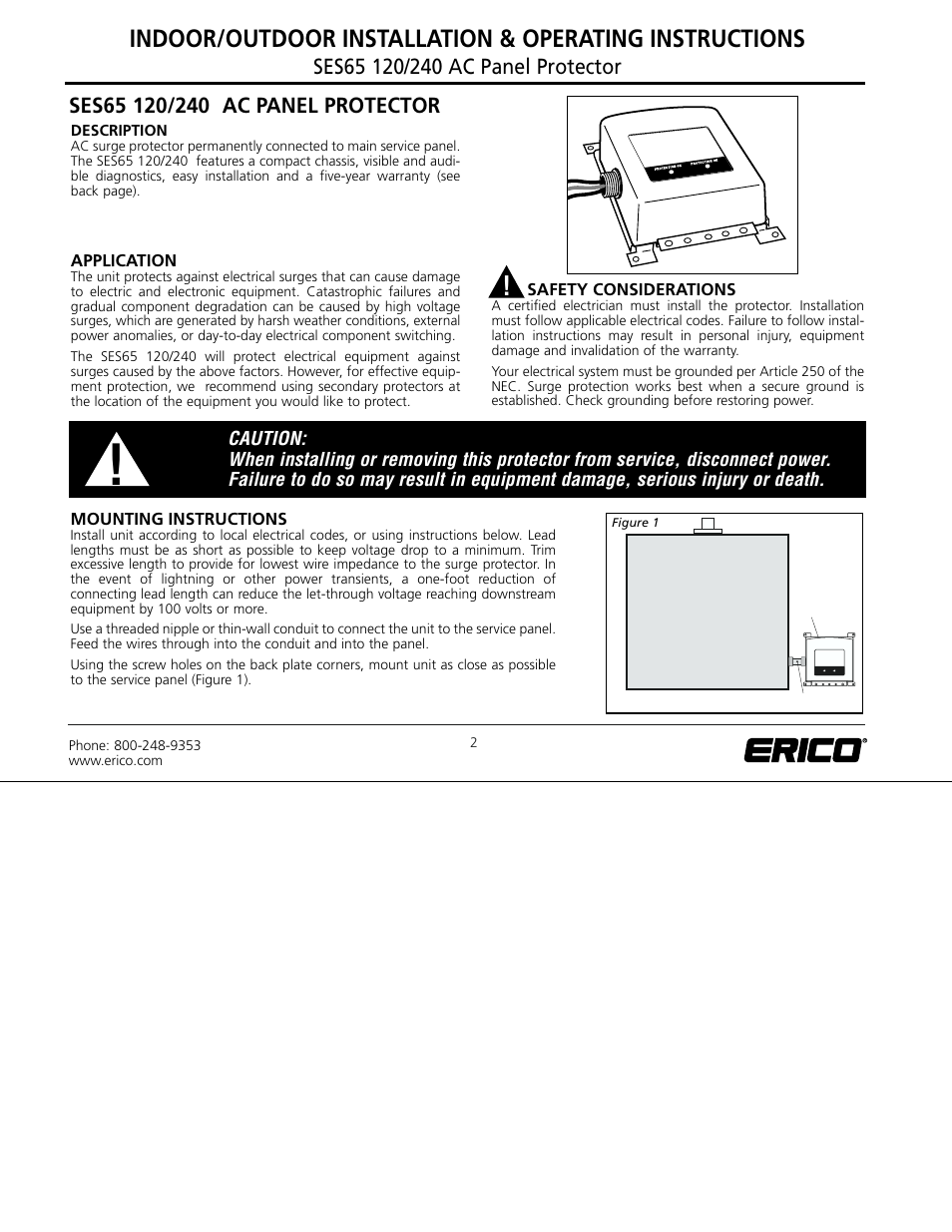ERICO CRITEC SES65 240 AC Panel Protector User Manual | Page 2 / 4