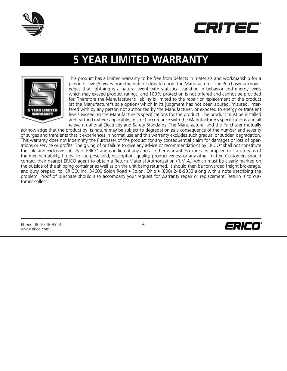 5 year limited warranty | ERICO CRITEC SES65 240 AC Panel Protector User Manual | Page 4 / 4