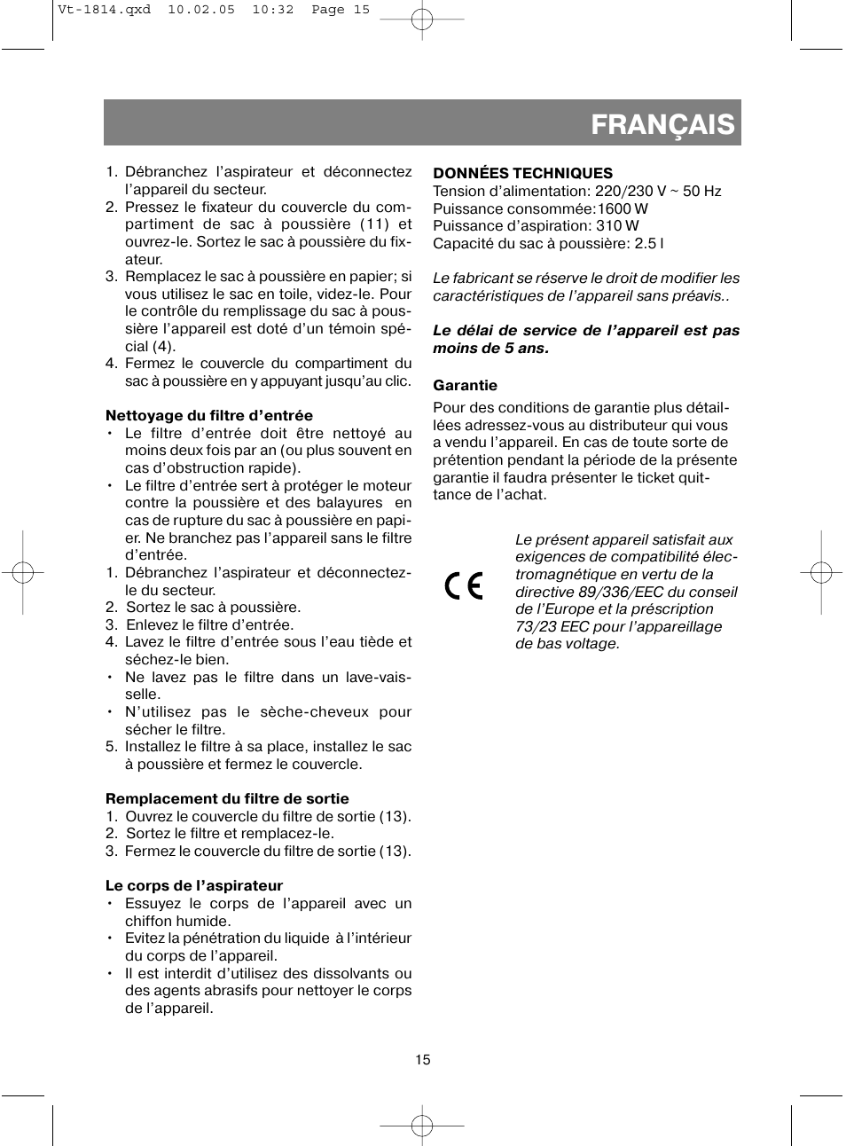 Français | Vitek VT-1814 User Manual | Page 15 / 44