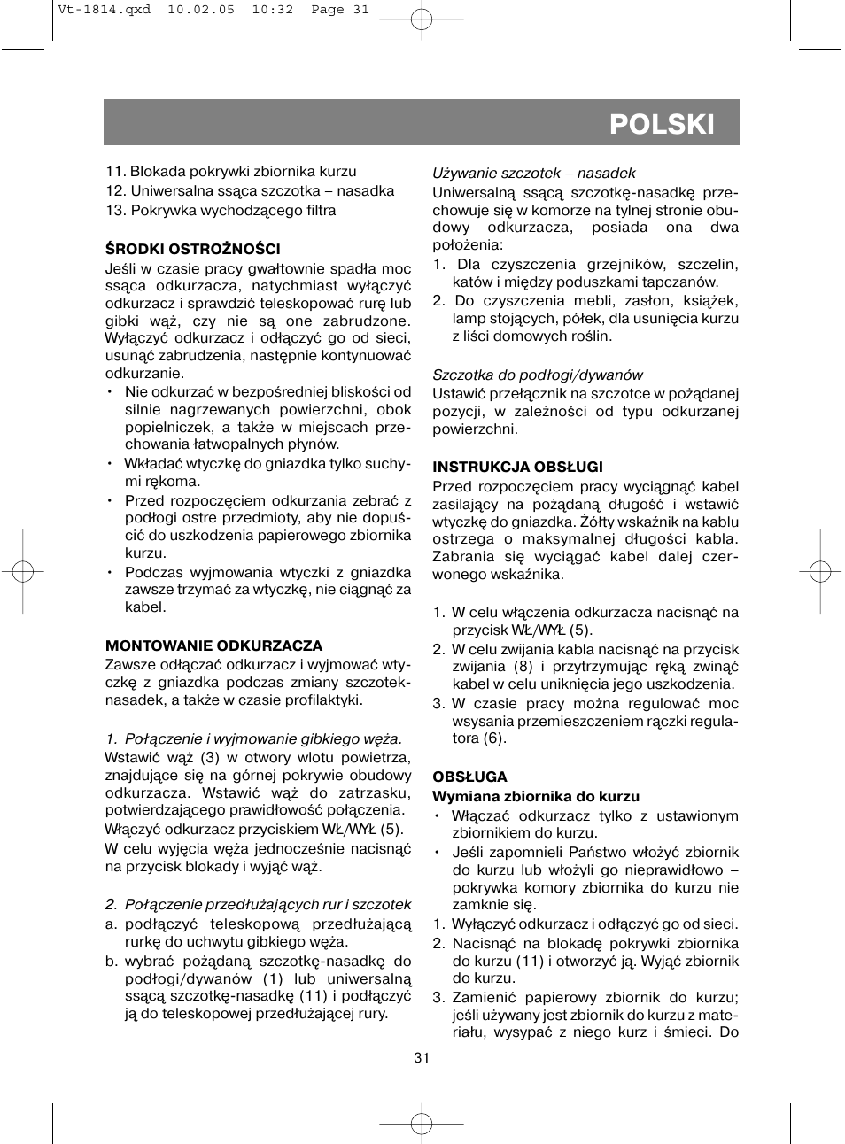 Polski | Vitek VT-1814 User Manual | Page 31 / 44