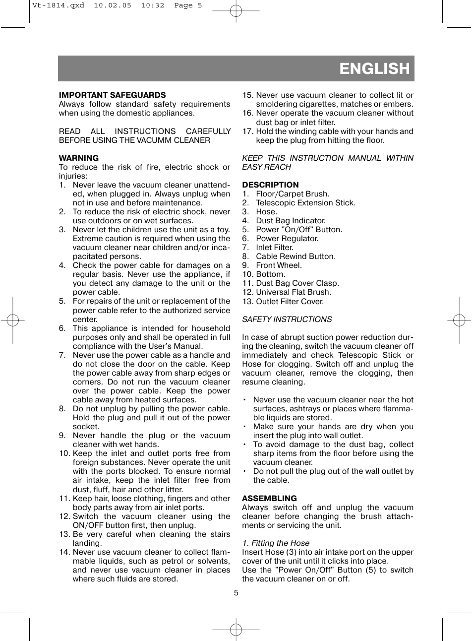 English | Vitek VT-1814 User Manual | Page 5 / 44