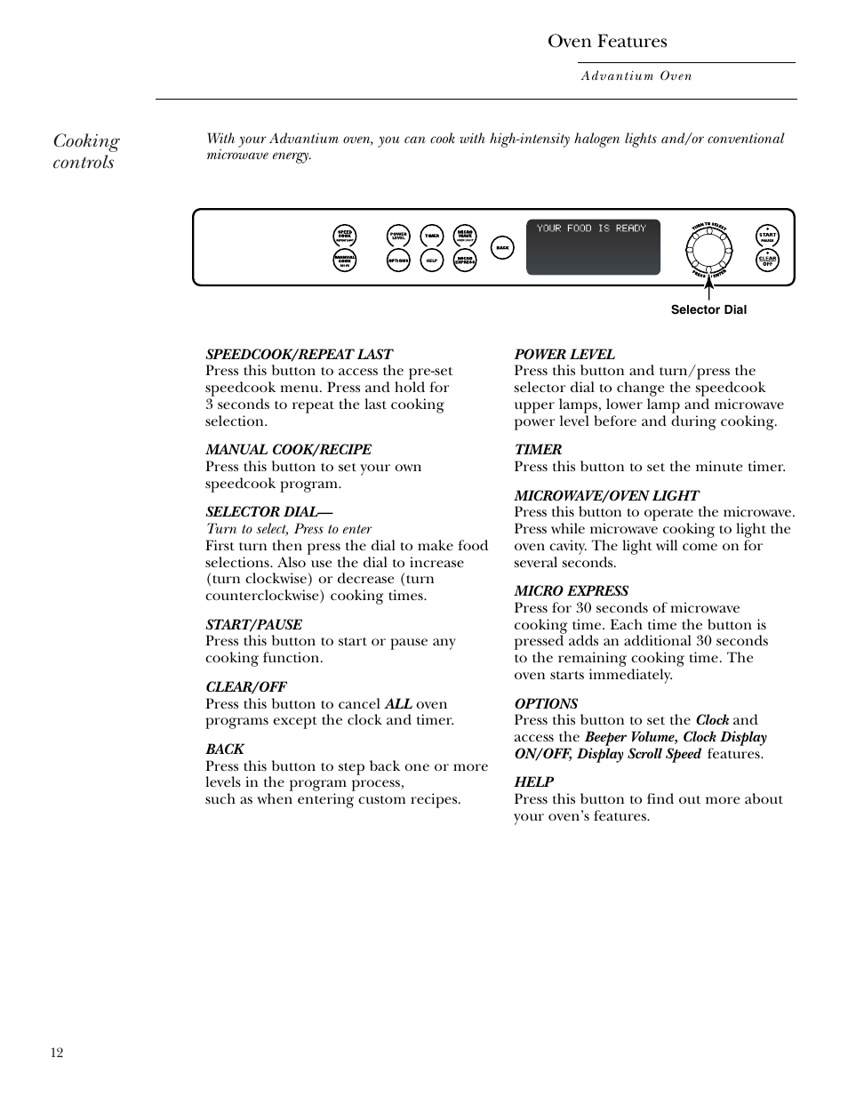 Cooking controls, Oven features | GE ZSC2001 User Manual | Page 12 / 40
