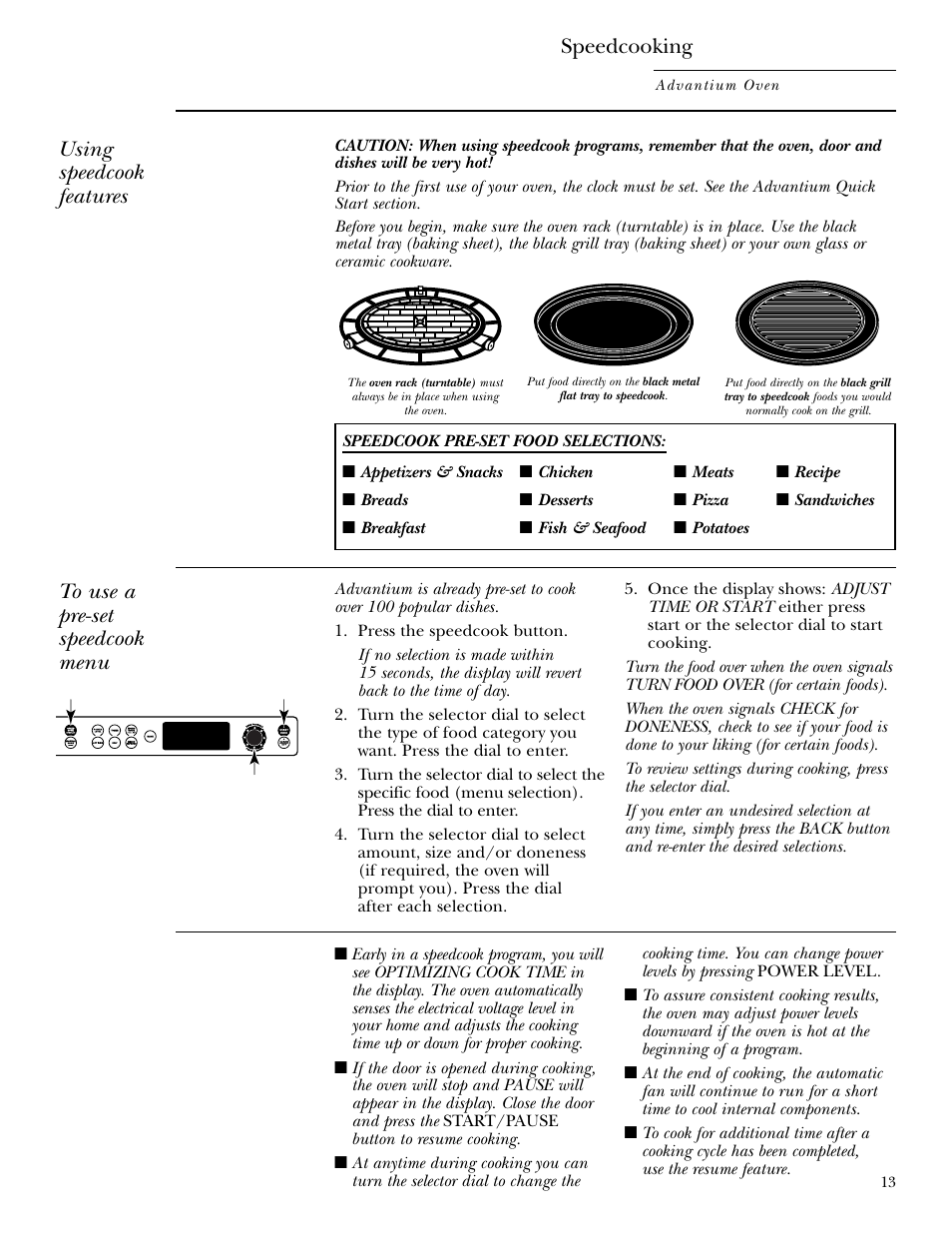 Using a pre-set speedcook menu, Speedcooking, Using speedcook features | GE ZSC2001 User Manual | Page 13 / 40