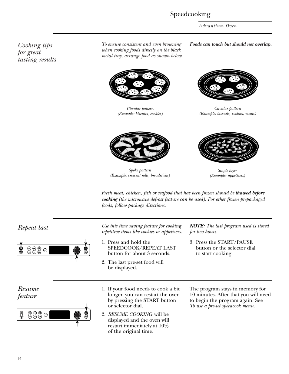 Cooking tips, Repeat last, Resume feature | Cooking tips for great tasting results, Speedcooking | GE ZSC2001 User Manual | Page 14 / 40