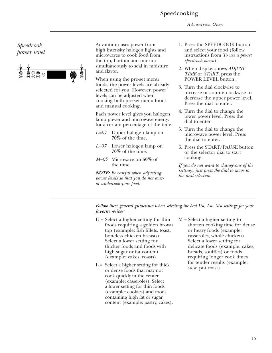 Power level, Speedcook power level, Speedcooking | GE ZSC2001 User Manual | Page 15 / 40