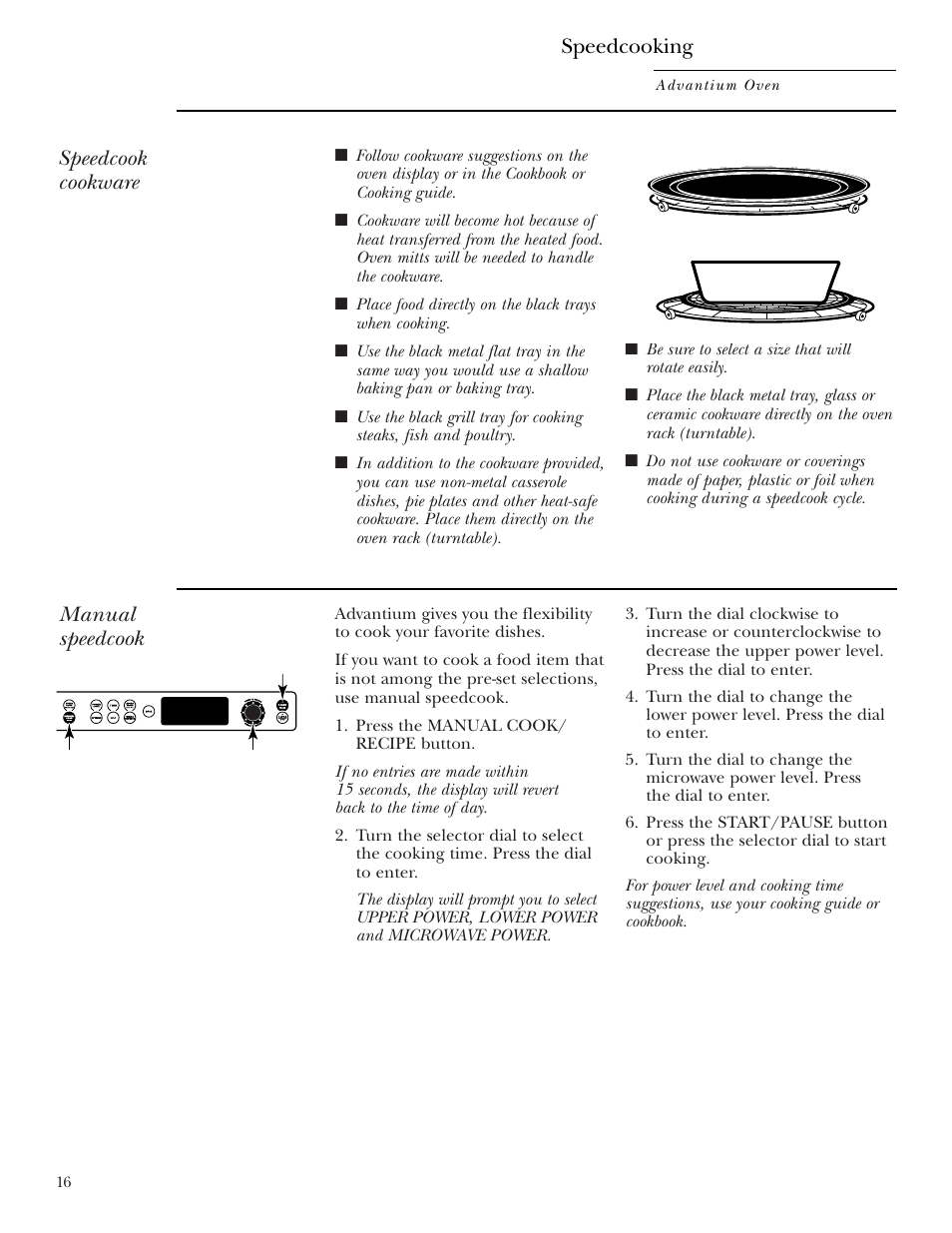 Manual speedcook, Speedcook cookware, Speedcooking | GE ZSC2001 User Manual | Page 16 / 40