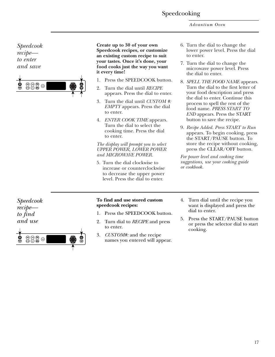 Custom speedcook recipes, Speedcook recipe— to enter and save, Speedcook recipe— to find and use | Speedcooking | GE ZSC2001 User Manual | Page 17 / 40