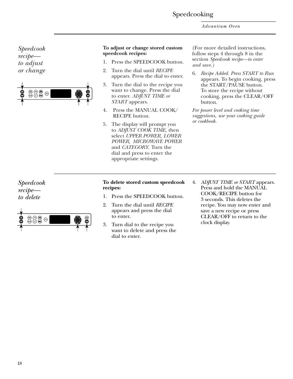 Speedcook recipe— to adjust or change, Speedcook recipe— to delete, Speedcooking | GE ZSC2001 User Manual | Page 18 / 40