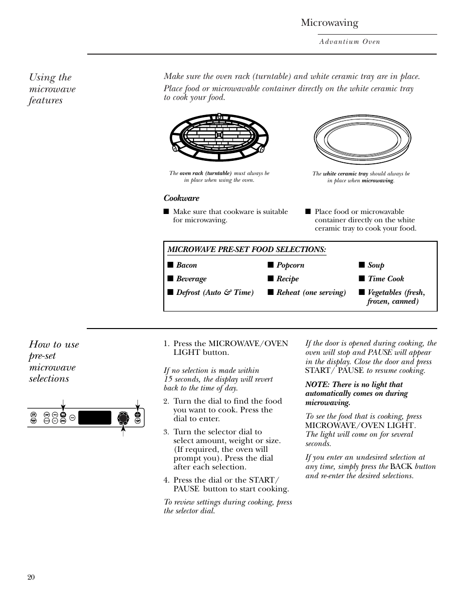 Using pre-set microwave selections, Microwaving, Using the microwave features | How to use pre-set microwave selections | GE ZSC2001 User Manual | Page 20 / 40