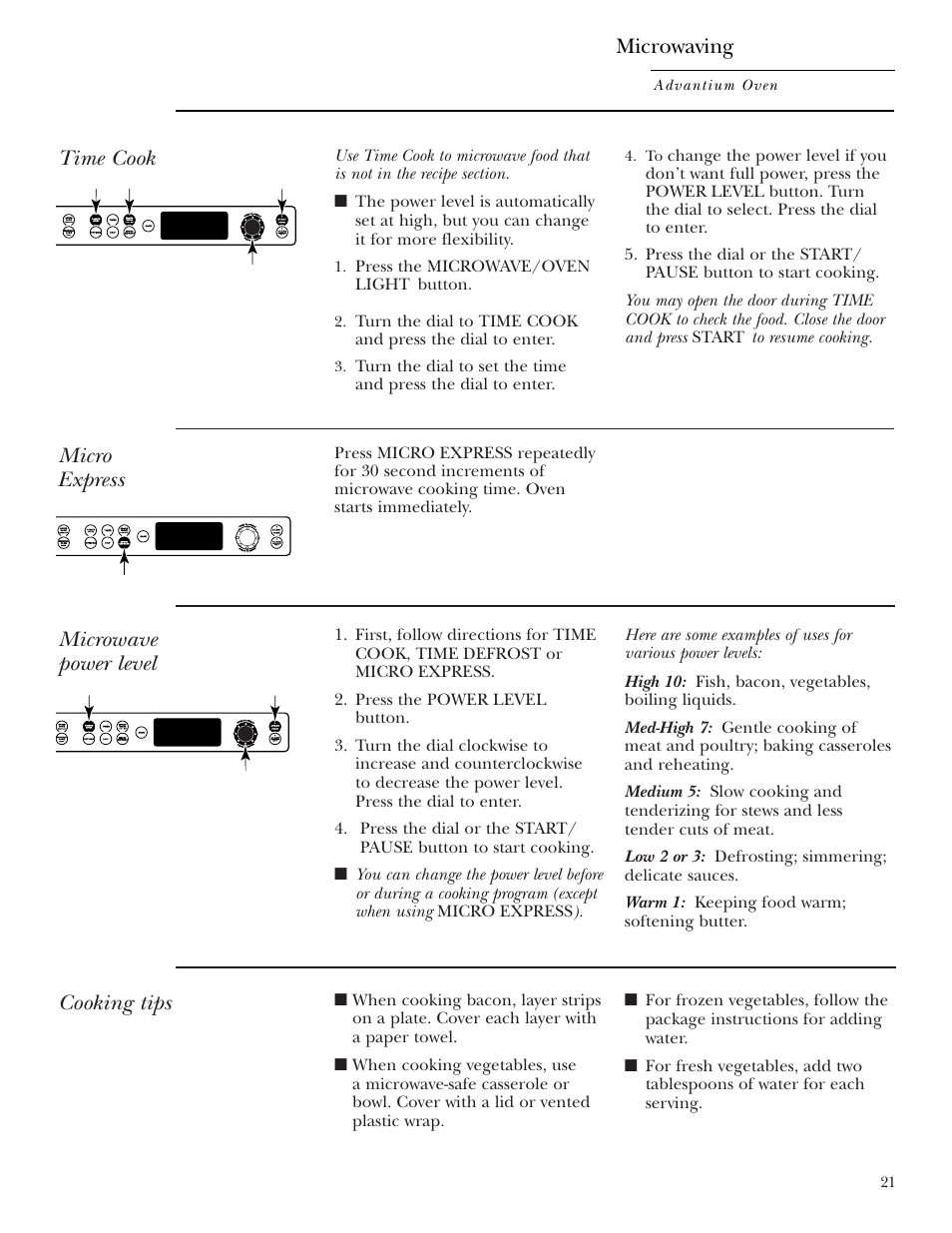 Cooking tips, Microwave power level, Time cook | Micro express microwave power level, Microwaving | GE ZSC2001 User Manual | Page 21 / 40