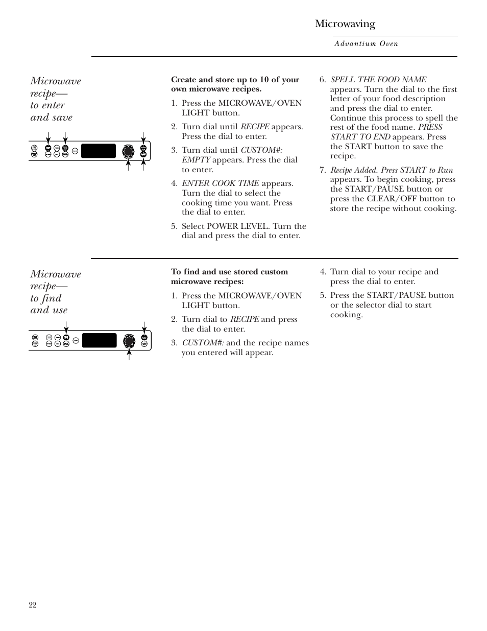 Custom microwave recipes, Microwave recipe— to enter and save, Microwave recipe— to find and use | Microwaving | GE ZSC2001 User Manual | Page 22 / 40