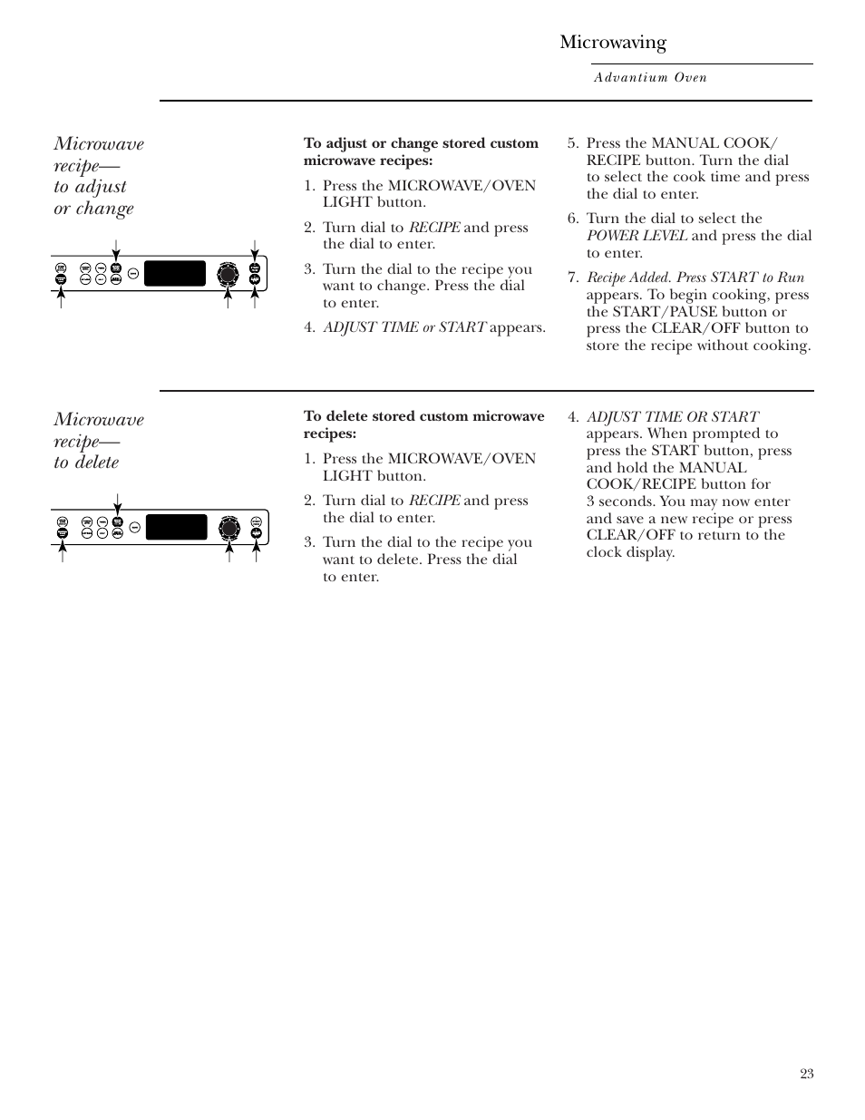 Microwave recipe— to adjust or change, Microwave recipe— to delete, Microwaving | GE ZSC2001 User Manual | Page 23 / 40