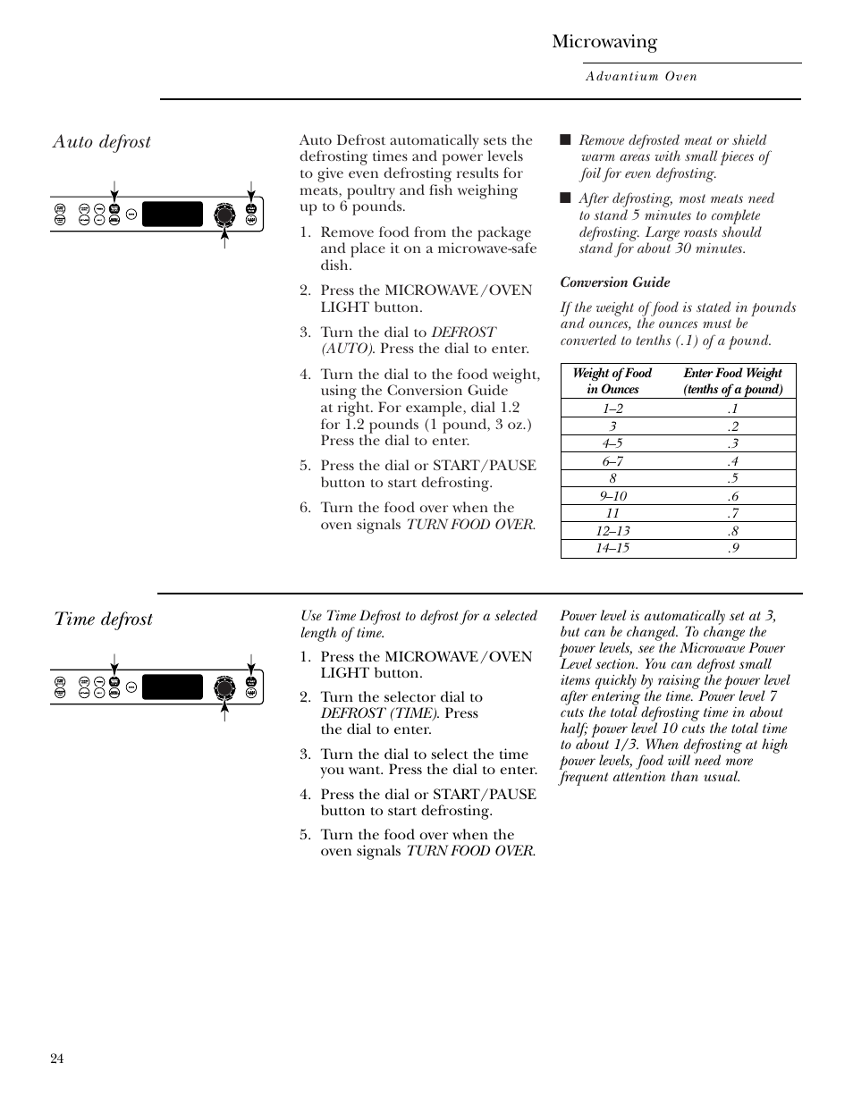 Defrost (auto), Defrost (time), Auto defrost | Time defrost, Microwaving | GE ZSC2001 User Manual | Page 24 / 40