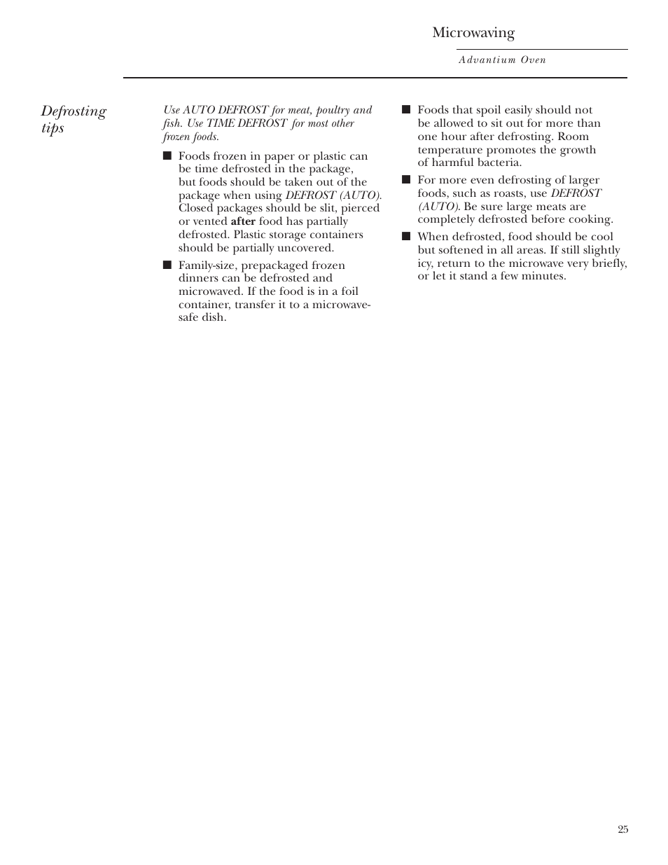 Defrosting tips, Microwaving | GE ZSC2001 User Manual | Page 25 / 40
