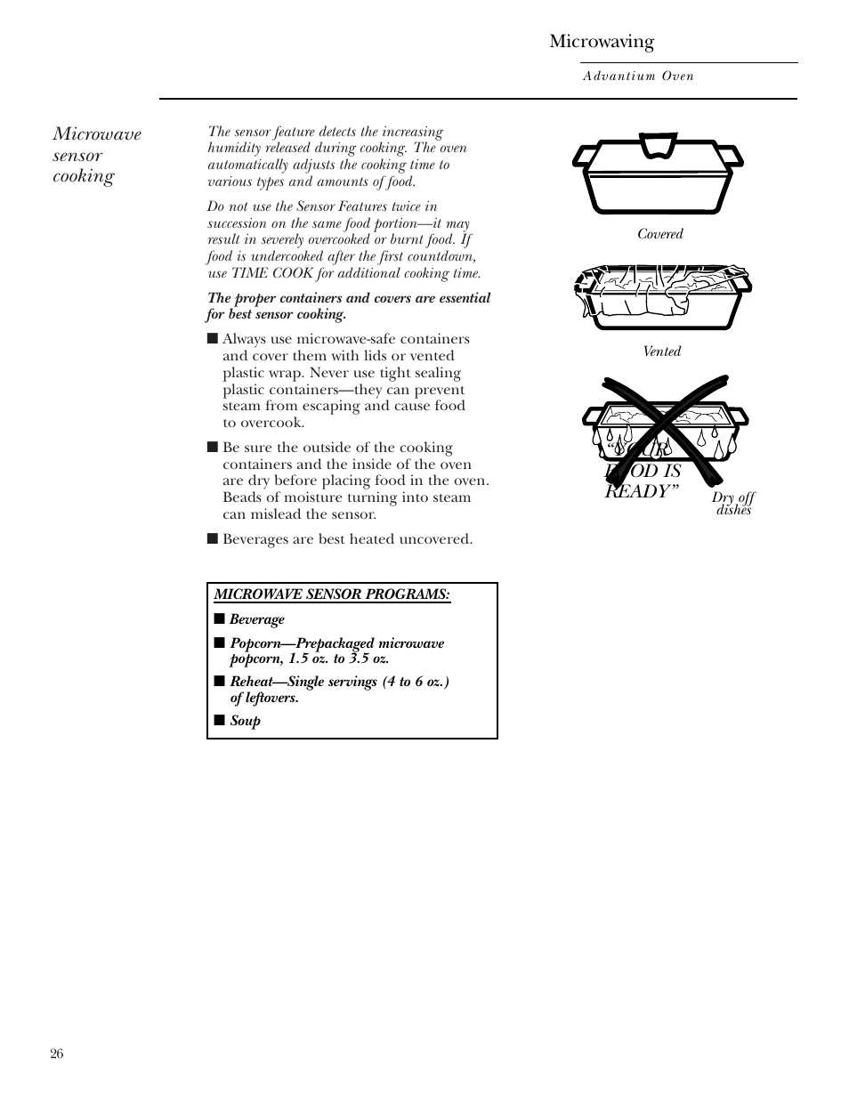 Sensor cooking, Sensor cooking , 27, Microwave sensor cooking | Microwaving, Your food is ready | GE ZSC2001 User Manual | Page 26 / 40