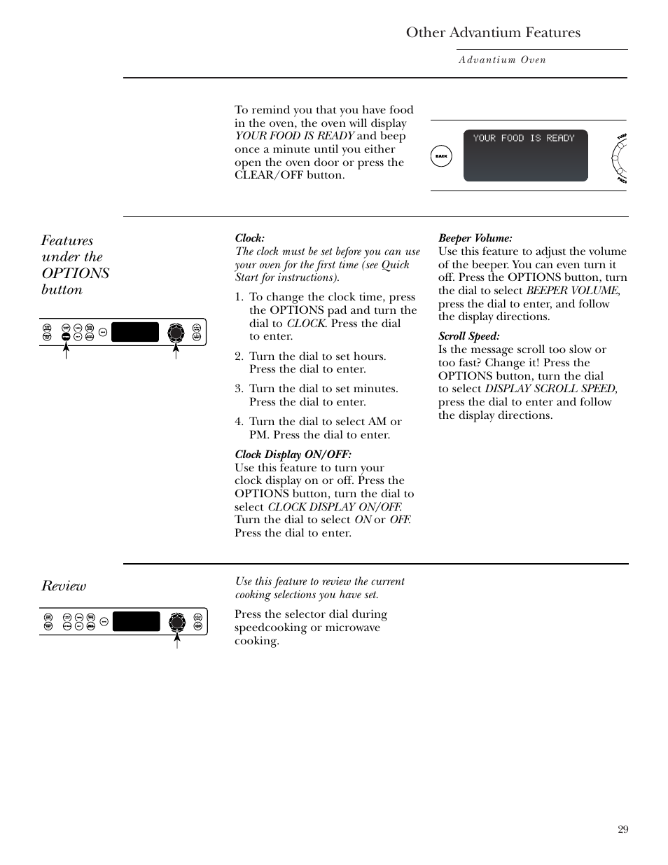 Beeper volume, Display on/off, Review | Scroll speed, Other advantium features, Features under the options button | GE ZSC2001 User Manual | Page 29 / 40