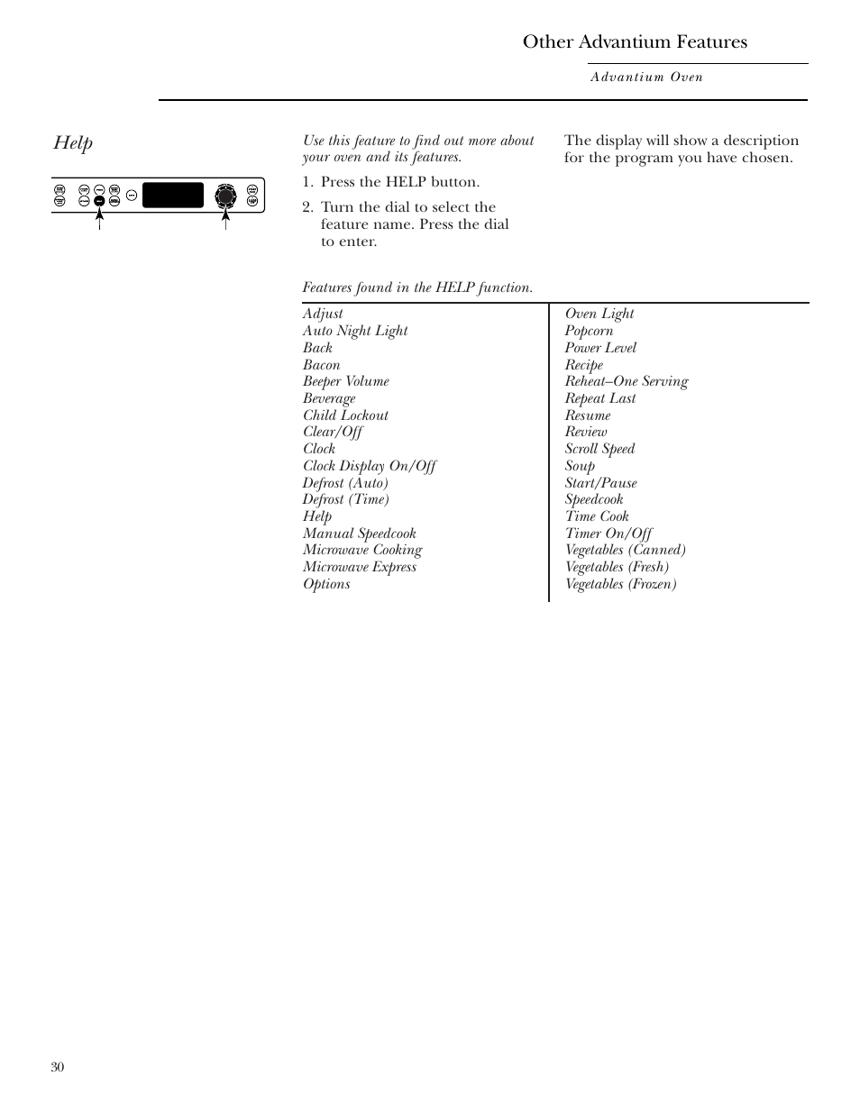 Help, Other advantium features | GE ZSC2001 User Manual | Page 30 / 40