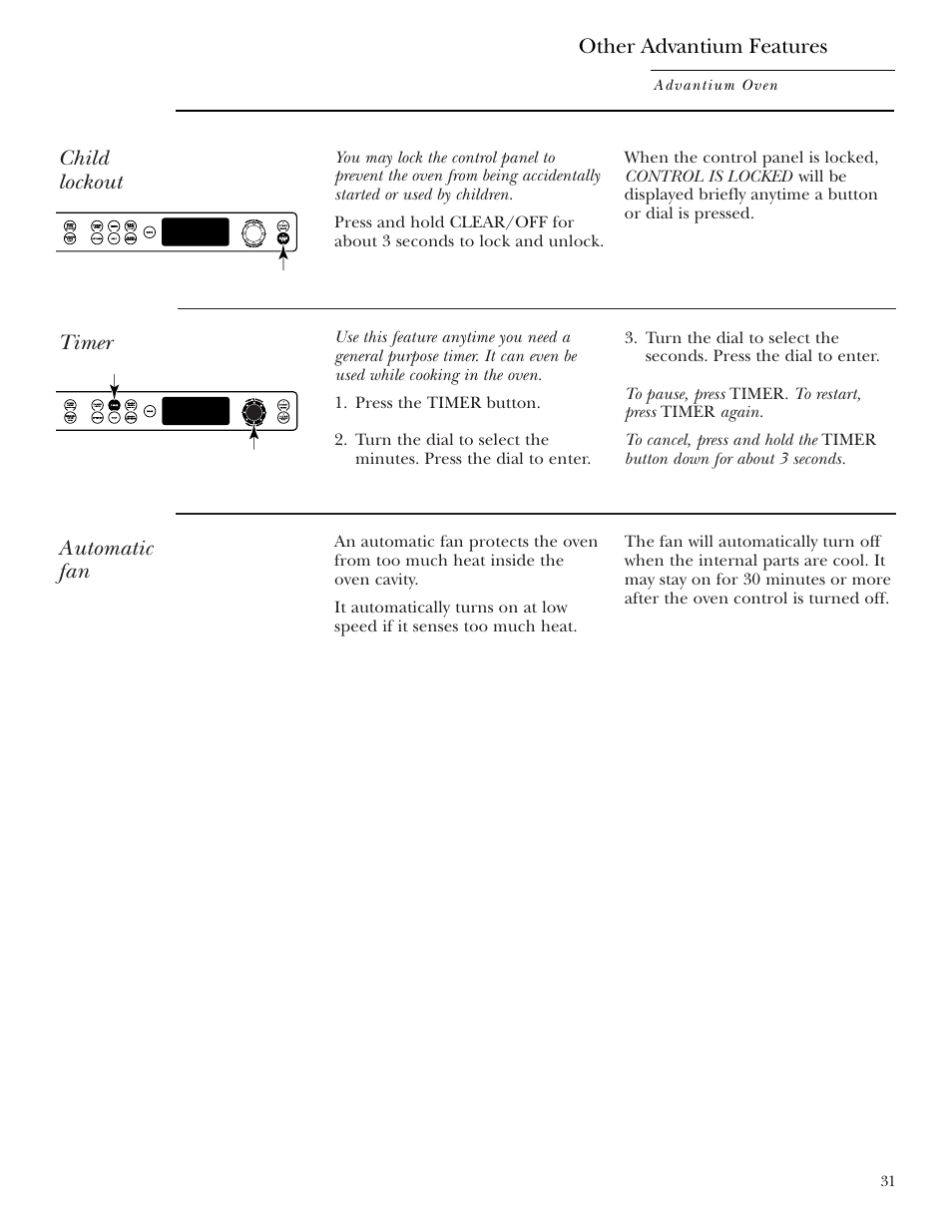 Automatic fan, Child lockout, Timer | GE ZSC2001 User Manual | Page 31 / 40