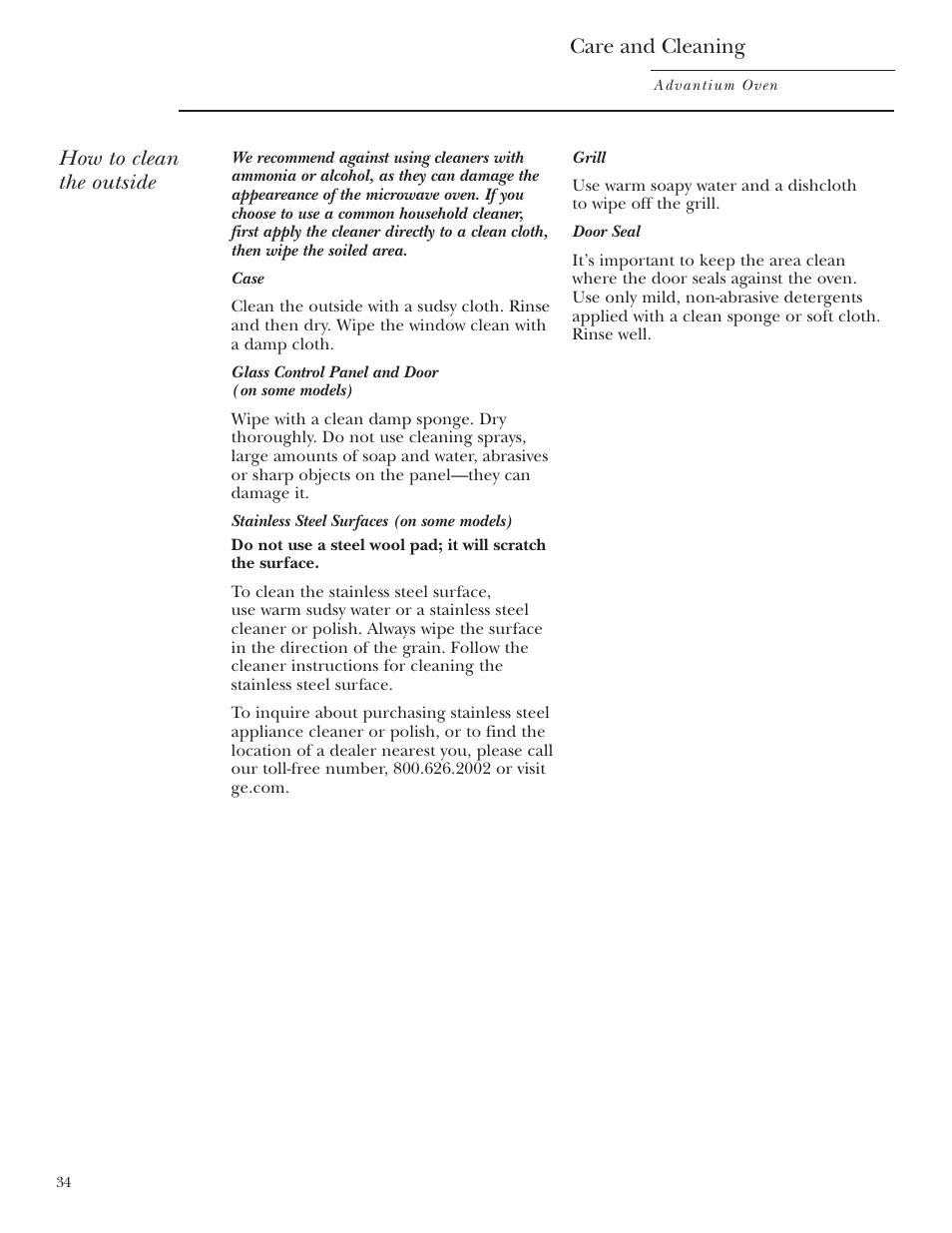 Cleaning the outside, How to clean the outside, Care and cleaning | GE ZSC2001 User Manual | Page 34 / 40