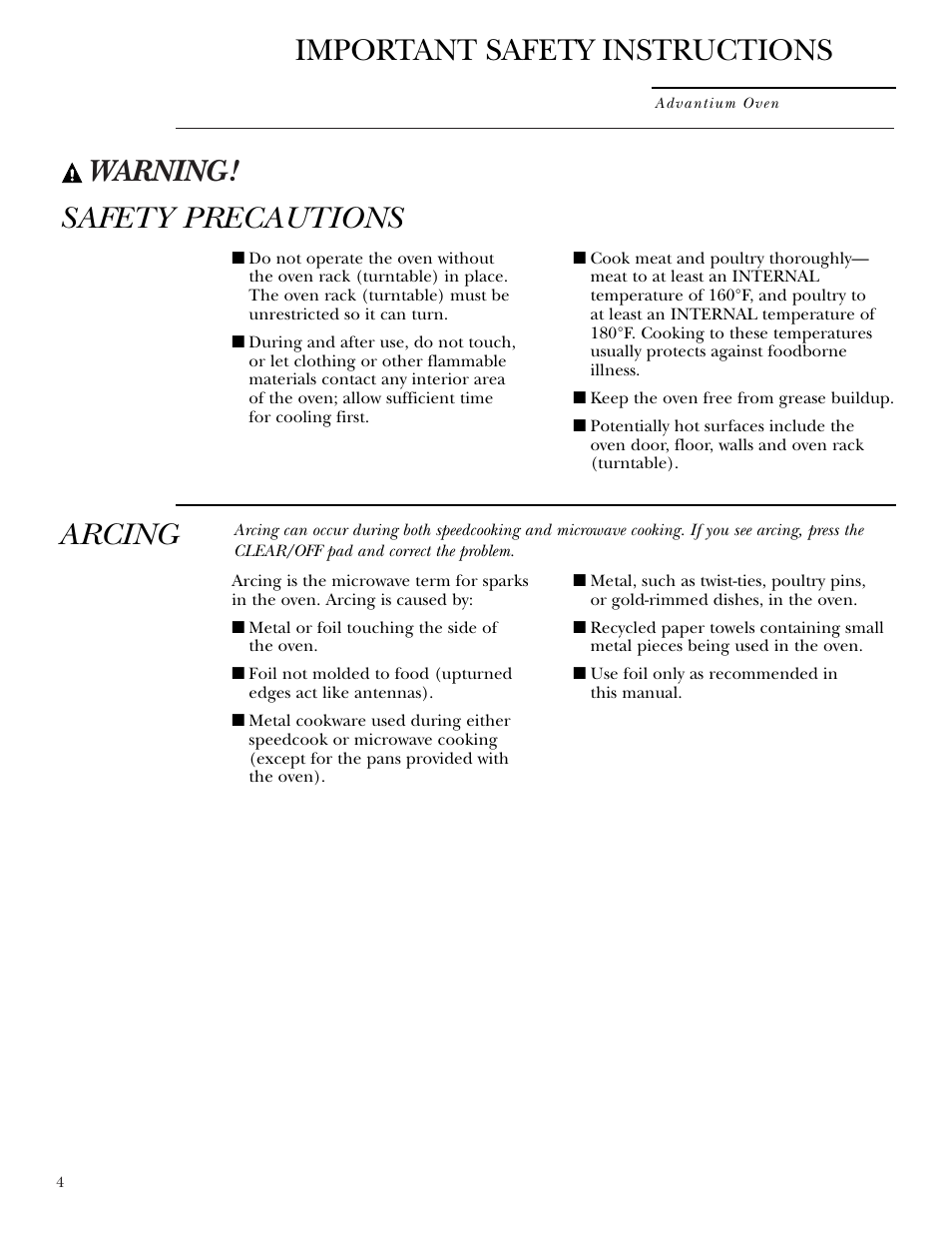 Warning, Important safety instructions, Safety precautions | Arcing | GE ZSC2001 User Manual | Page 4 / 40