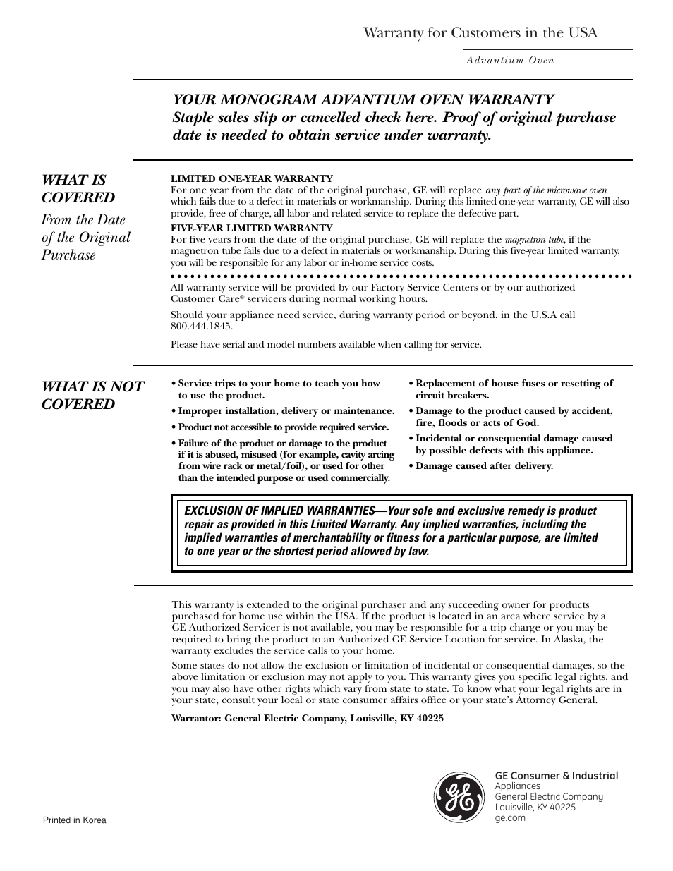 Warranty, Warranty for customers in the usa, What is not covered | GE ZSC2001 User Manual | Page 40 / 40