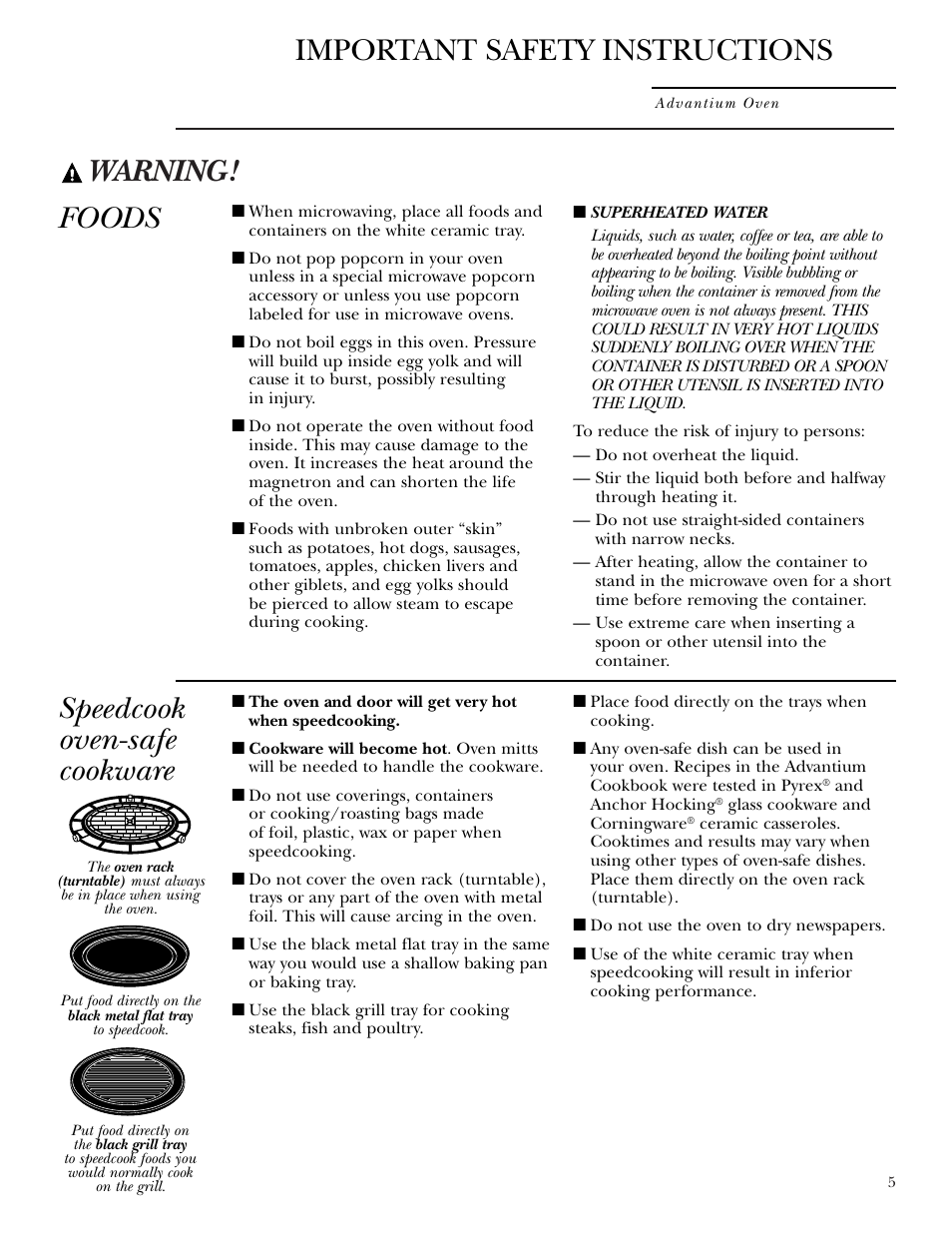 Speedcook-safe cookware, Warning, Important safety instructions | Foods speedcook oven-safe cookware | GE ZSC2001 User Manual | Page 5 / 40