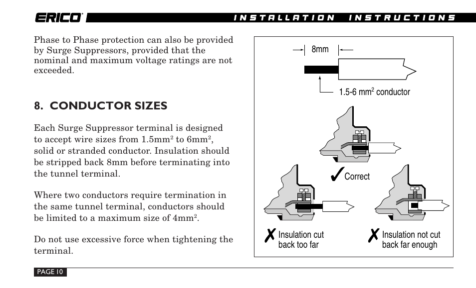 Conductor sizes | ERICO TDS-DINLINE Surge Suppressor User Manual | Page 10 / 32