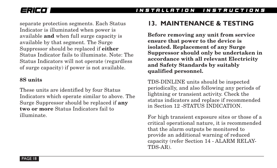 Maintenance & testing | ERICO TDS-DINLINE Surge Suppressor User Manual | Page 18 / 32