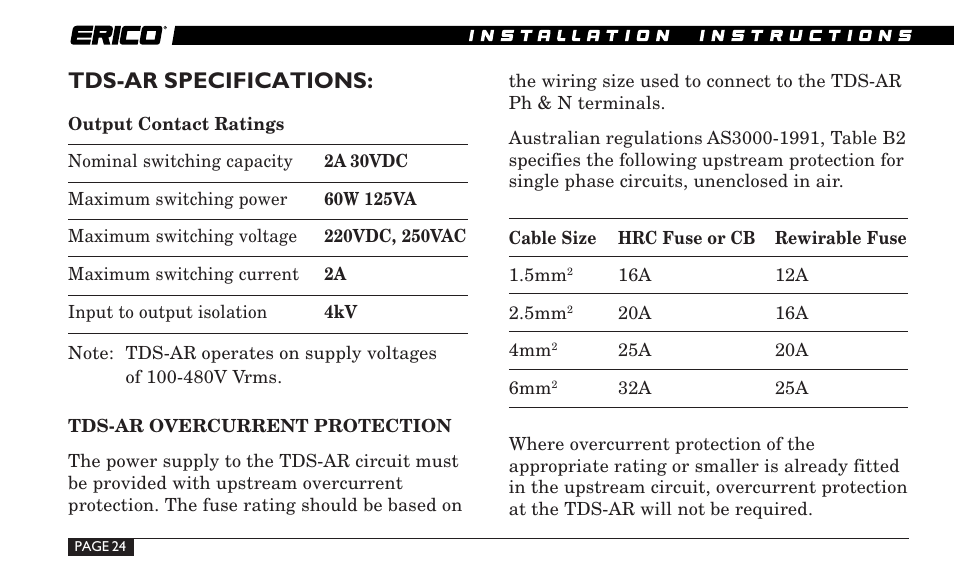 Tds-ar specifications | ERICO TDS-DINLINE Surge Suppressor User Manual | Page 24 / 32